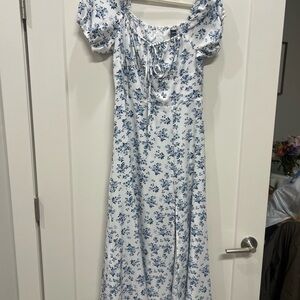 SHEIN White Dress with Blue Floral Pattern